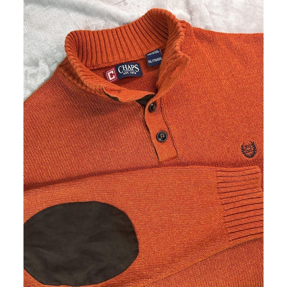 Chaps Sweater Mens 2XL Orange Mock Neck Henley Elbow Patch Cotton Pullover